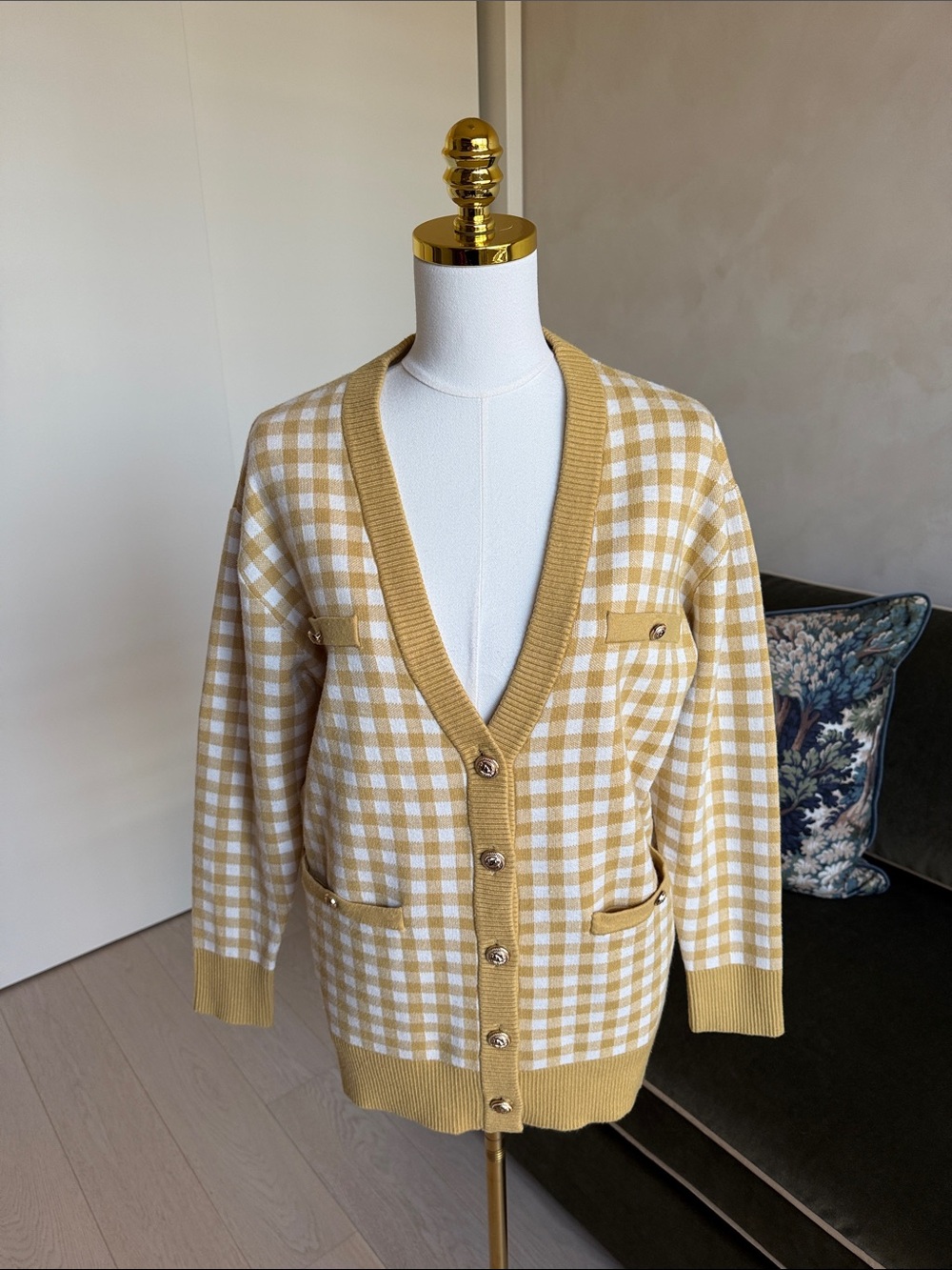 J by Joie Mustard Yellow Gingham Check Cardigan Sweater Top Size Large